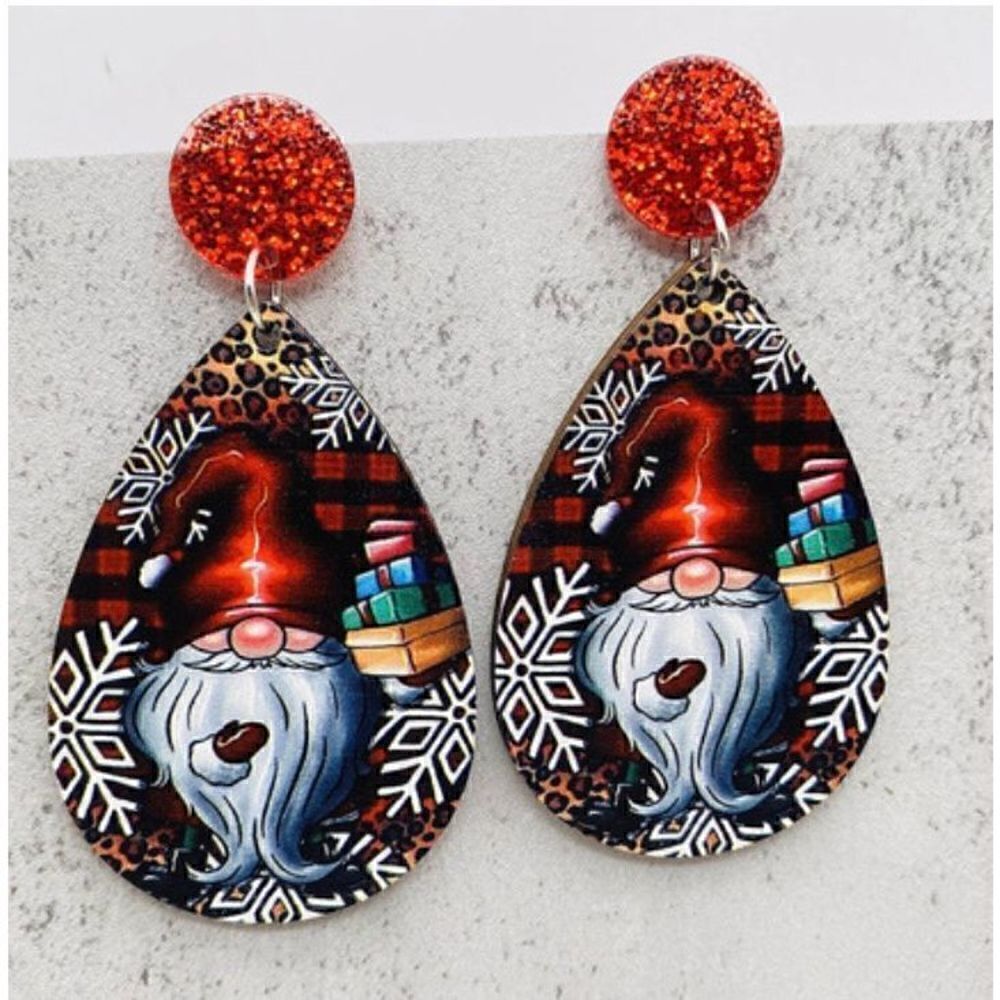 Wooden Water Drop Earrings ￼Christmas Gnome